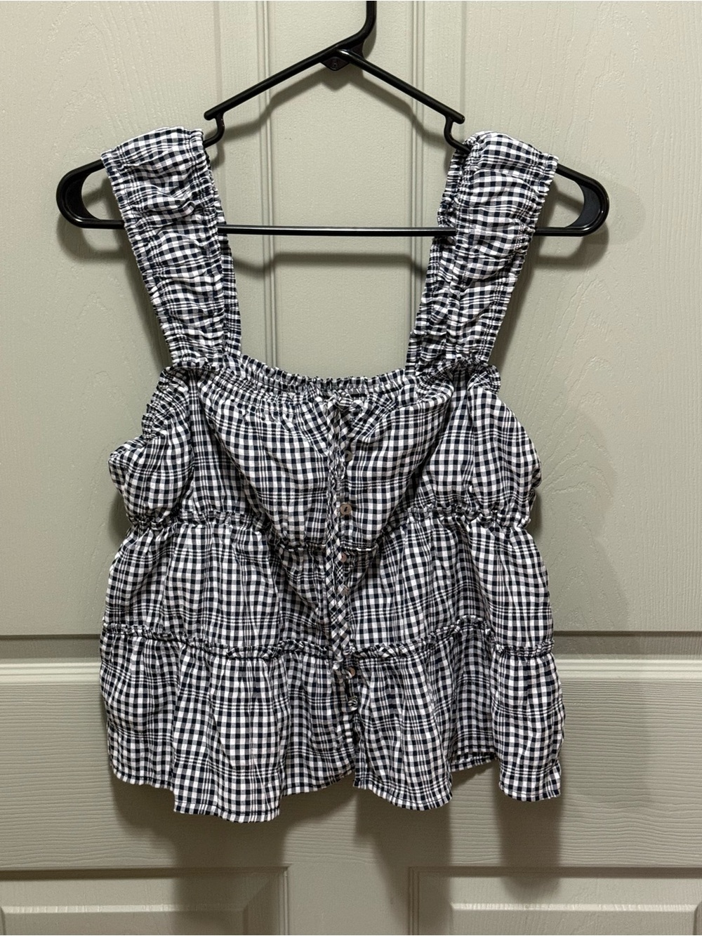 Rewind Black & White Gingham Ruffled Strap Peplum Tank